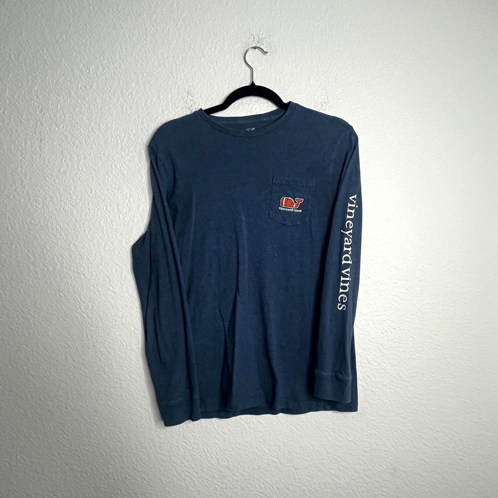 Vineyard Vines Football Whale Pocket Shirt Mens XL Navy Blue Cotton Spellout